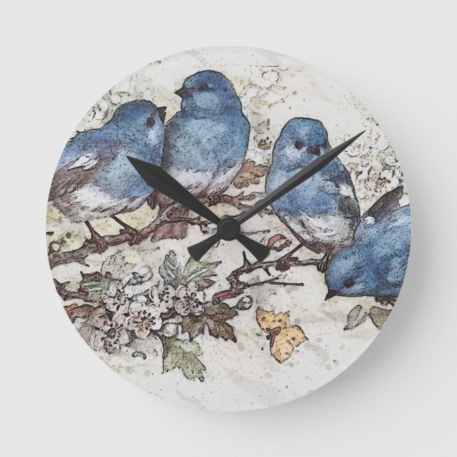 Vintage bluebird illustration cute birds nature round clock (Front)
