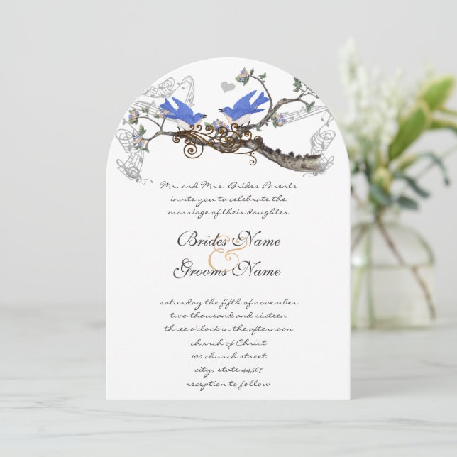 Vintage Bluebirds Chirping Wedding Invitations (Standing Front)