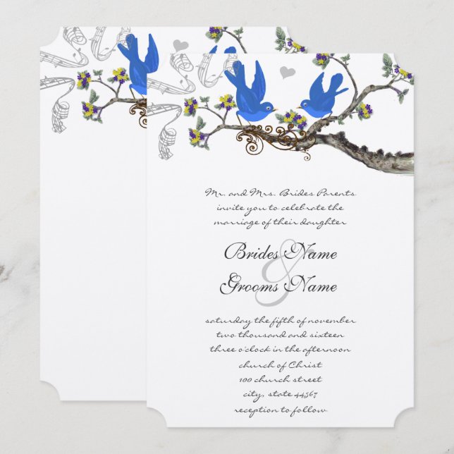 Vintage Bluebirds Yellow & Blue Wedding Invite (Front/Back)