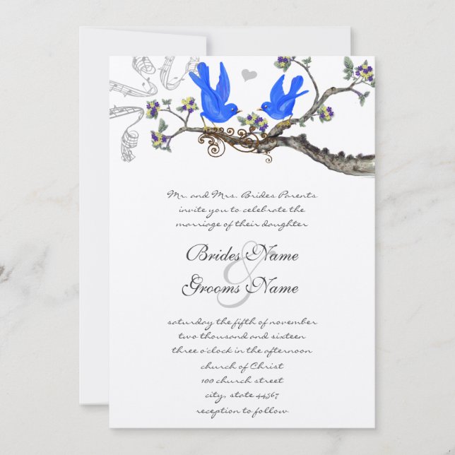 Vintage Bluebirds Yellow & Purple  Wedding Invite (Front)
