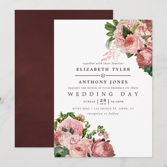 Vintage Blush and Burgundy Floral Wedding Invitation (Front/Back)