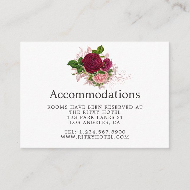 Vintage Blush and Burgundy Wedding Accommodations Enclosure Card (Front)