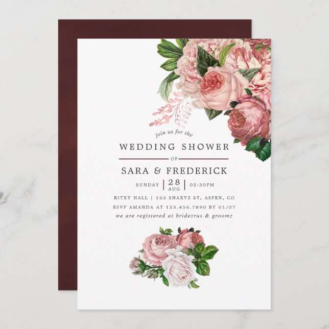 Vintage Blush and Burgundy Wedding Shower Invitation (Front/Back)