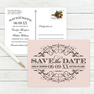 Vintage Blush Black Scrollwork Save the Date Announcement Postcard