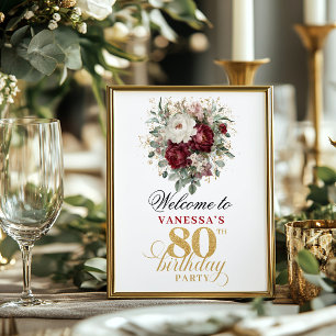 Vintage blush burgundy 80th birthday 8x10 welcome  poster