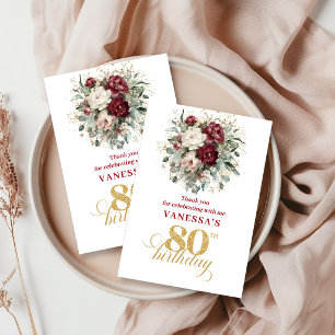 Vintage Blush Burgundy 80th Birthday Thank You Card