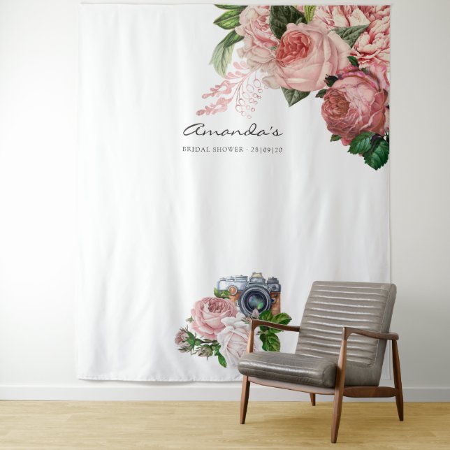 Vintage Blush & Burgundy Bridal Shower Photo Booth Tapestry (In Situ)