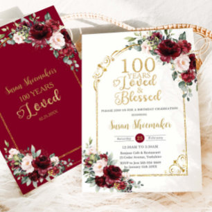 Vintage Blush Burgundy Floral 100th Birthday Loved Invitation