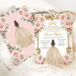 Vintage Blush Champagne Floral Dress Quinceanera Invitation<br><div class="desc">Personalise this pretty blush pink champagne floral Quinceañera / Sweet 16 birthday invitation easily and quickly. Simply click the customise it further button to edit the text, change fonts and fonts colours. Featuring a girl dressed in a beautiful champagne dress, chic blush pink flowers and an ornate vintage gold frame....</div>