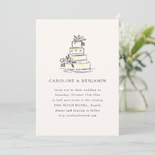 Vintage Blush Cream Doodle Minimalist Wedding Cake Invitation