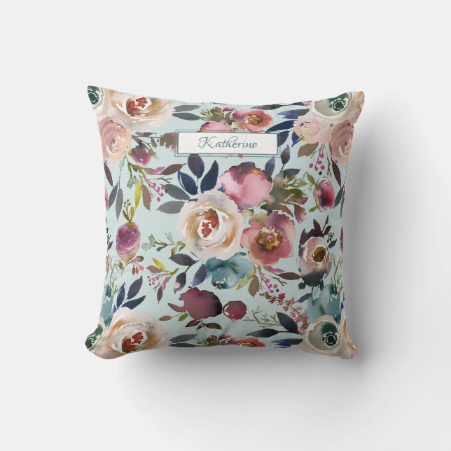 Vintage Blush Cream Green Floral Custom Watercolor Cushion (Front)