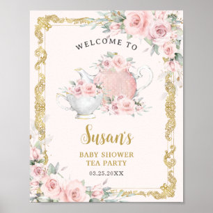 Vintage Blush Floral High Tea Baby Baby Shower  Poster