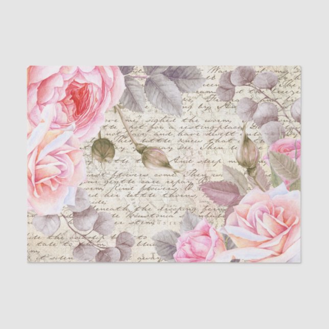 Vintage Blush Floral Roses Old Letter Decoupage Tissue Paper (Front)