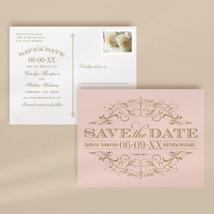 Vintage Blush Gold Scrollwork Save the Date Announcement Postcard