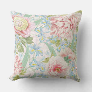 Vintage Blush Peony Flowers Blue Iris Pattern Cushion