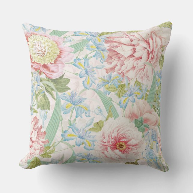 Vintage Blush Peony Flowers Blue Iris Pattern Cushion (Front)