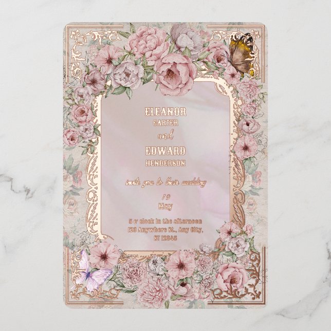 Vintage Blush Peony Wedding Foil Invitation (Front)