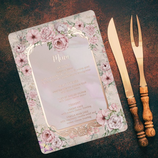 Vintage Blush Peony Wedding Foil Menu Card (Creator Uploaded)