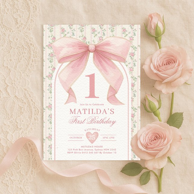 Vintage Blush Pink Bow Coquette 1st Birthday Invitation (Creator Uploaded)