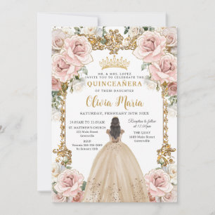 Vintage Blush Pink Champagne Floral Quinceañera Invitation