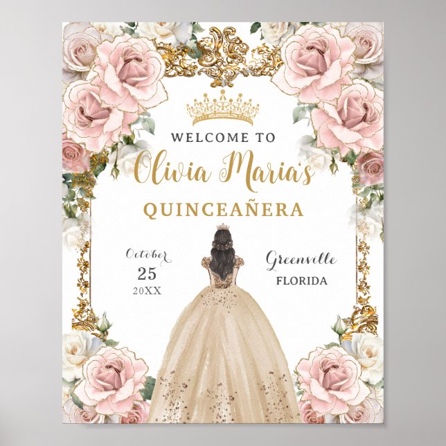Vintage Blush Pink Champagne Floral Quinceañera  Poster (Front)