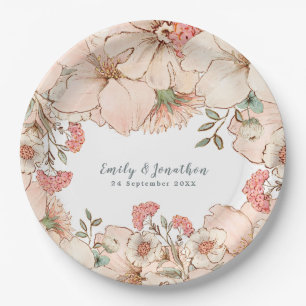 Vintage Blush Pink Cream Floral Name Date Wedding Paper Plate