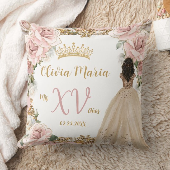Vintage Blush Pink Floral Champagne Quinceañera Cushion (Blanket)