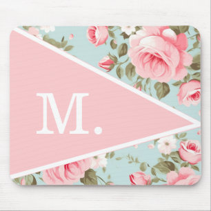 Vintage Blush Pink Floral Monogram Mouse Pad