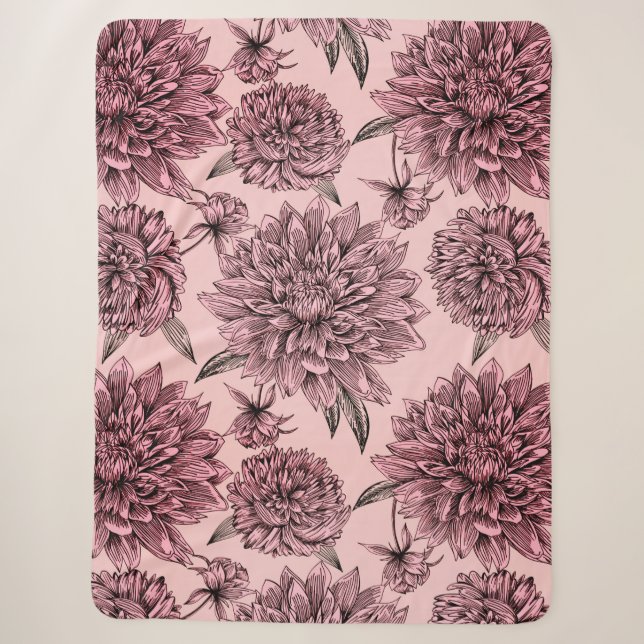 Vintage Blush Pink Flowers Illustrated Pattern Sherpa Blanket (Front)