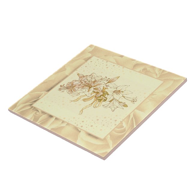 Vintage Blush Pink Green and Yellow Flowers Tile (Side)