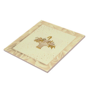 Vintage Blush Pink Green and Yellow Flowers Tile