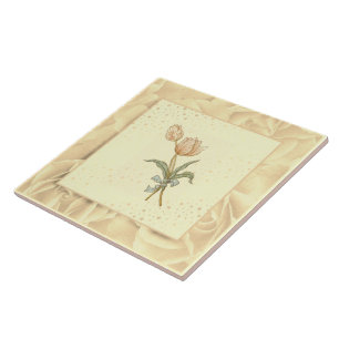 Vintage Blush Pink Green and Yellow Flowers Tile