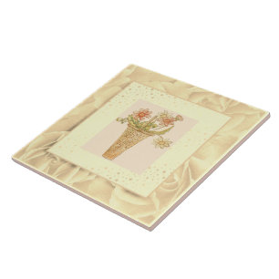 Vintage Blush Pink Green and Yellow Flowers Tile