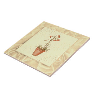 Vintage Blush Pink Green and Yellow Flowers Tile