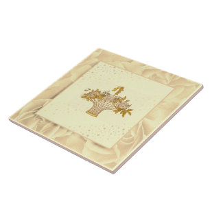 Vintage Blush Pink Green and Yellow Flowers Tile