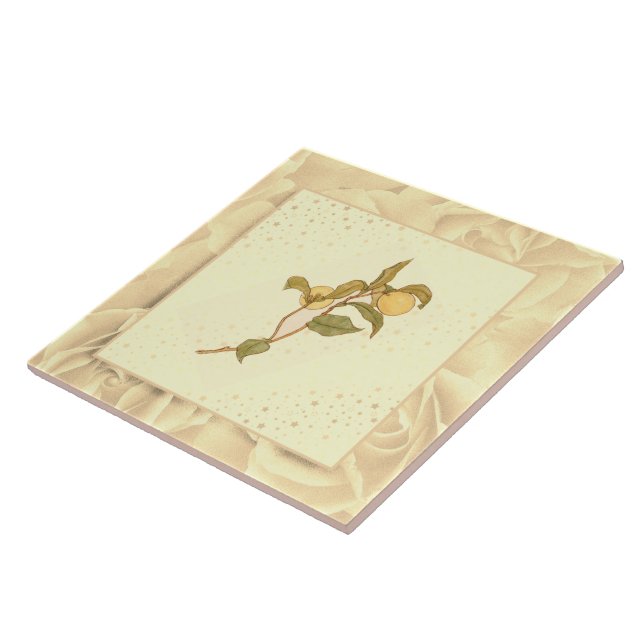 Vintage Blush Pink Green and Yellow Fruit Tile (Side)