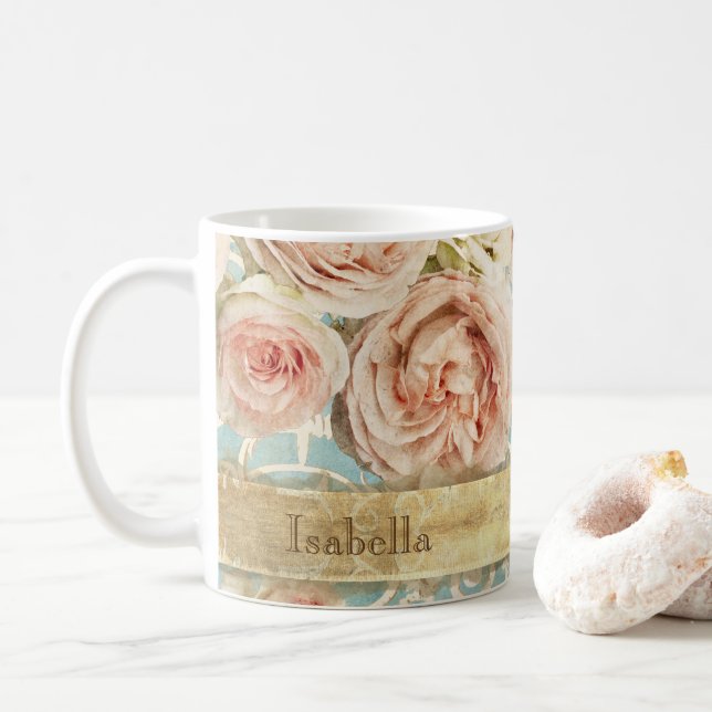 Vintage Blush Pink Heirloom Roses Floral Damask Coffee Mug (With Donut)