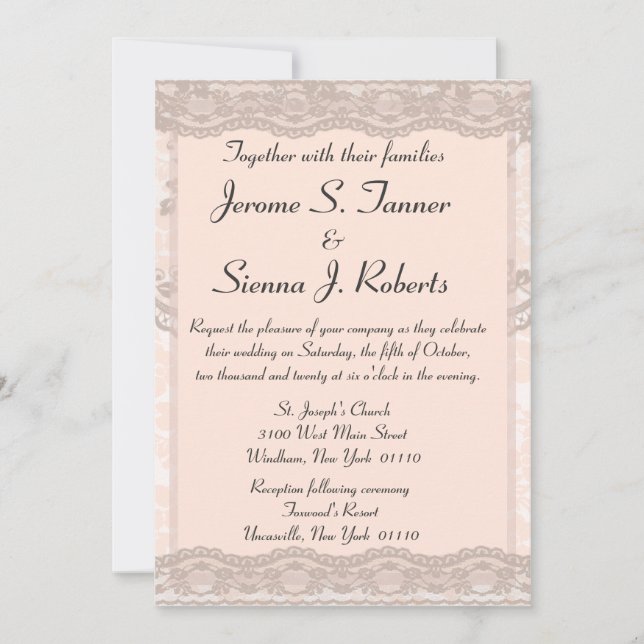 Vintage Blush Pink Lace Wedding Invitation (Front)