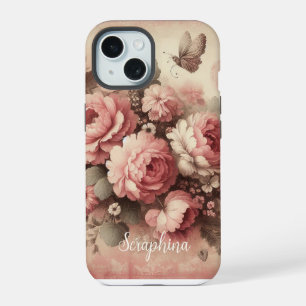 Vintage Blush Pink Peonies with Butterfly Custom iPhone 15 Case