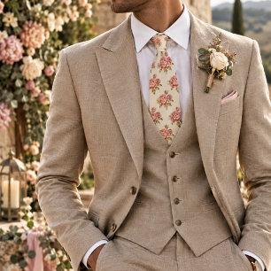 Vintage Blush Pink Peony Bouquet on Cream Floral Tie