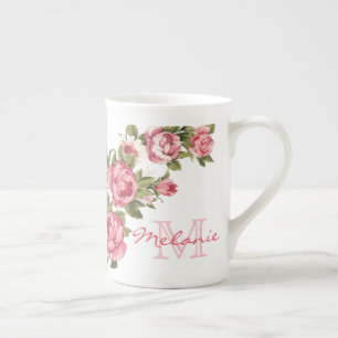 Vintage blush pink roses Peonies name, monogram Bone China Mug