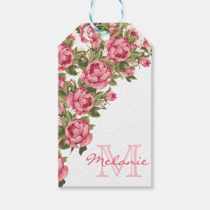 Vintage blush pink roses Peonies name, monogram Gift Tags