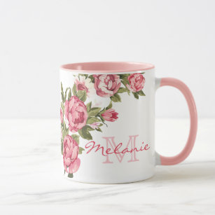 Vintage blush pink roses Peonies name, monogram Mug