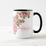 Vintage blush pink roses Peonies name, monogram Mug<br><div class="desc">Personalised, Lovely Vintage blush pink roses Peonies watercolor flower bouquet name & monogram on white background. Beautiful image of pink peony flowers from the garden with green foliage. The peony or paeony is a flowering plant in the genus Paeonia, the only genus in the family Paeoniaceae. They are native to...</div>