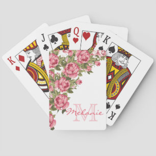 Vintage blush pink roses Peonies name, monogram Playing Cards