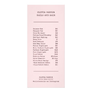 Vintage Blush Pink   Salon Price List Services Rack Card