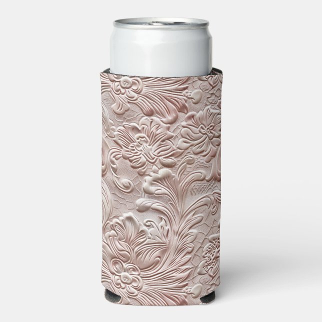 Vintage blush pink tooled leather seltzer can cooler (Seltzer Front)