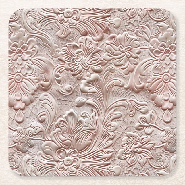 Vintage blush pink tooled leather square paper coaster (Front)