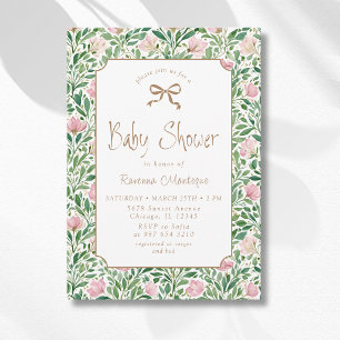 Vintage Blush Pink Wild Roses Gold Bow Baby Shower Invitation