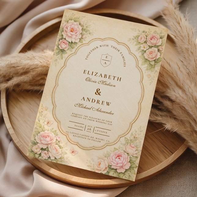 Vintage Blush Rose Garden Wedding Invitation (Creator Uploaded)